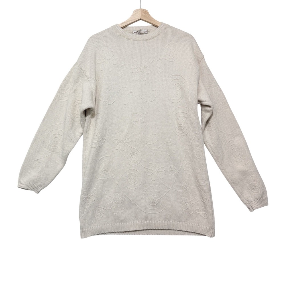 Boston Traders Women's Sweater Sz M Vintage 90s Cream Embroidered Oversized